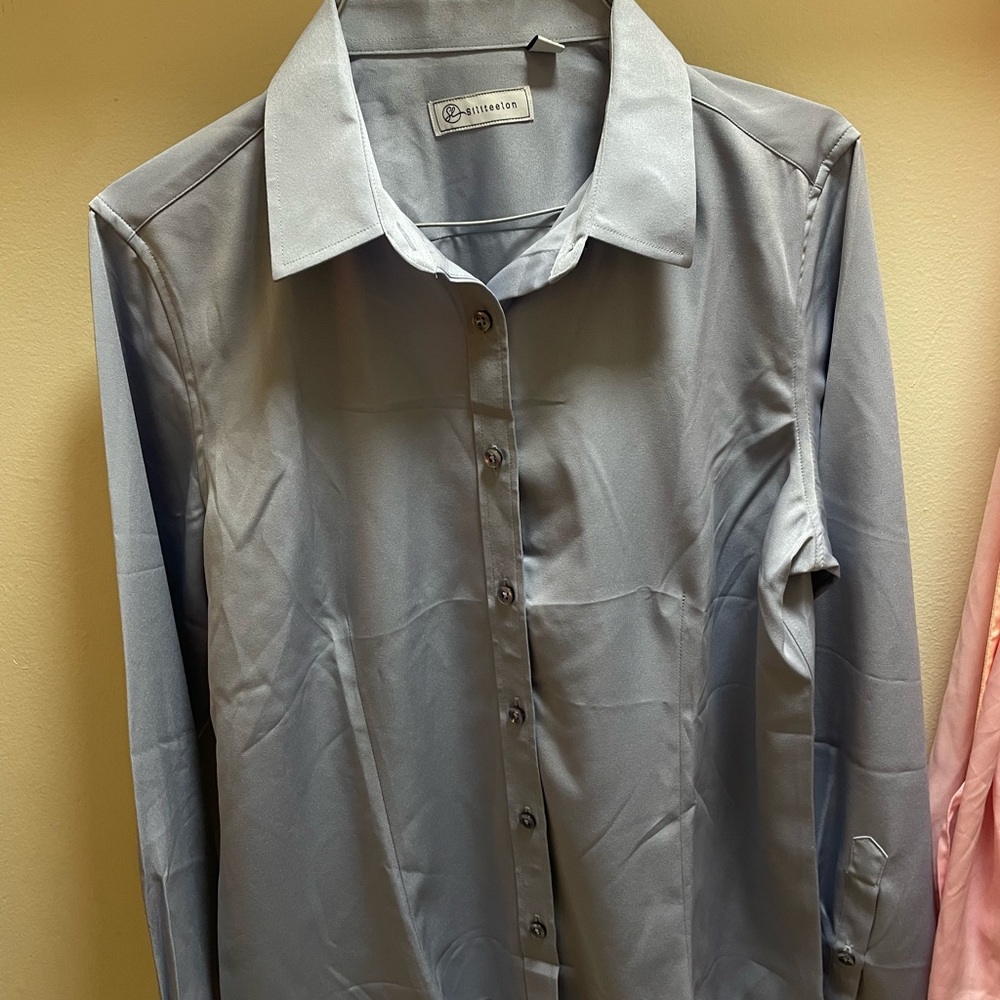 Blue button up silk shirt